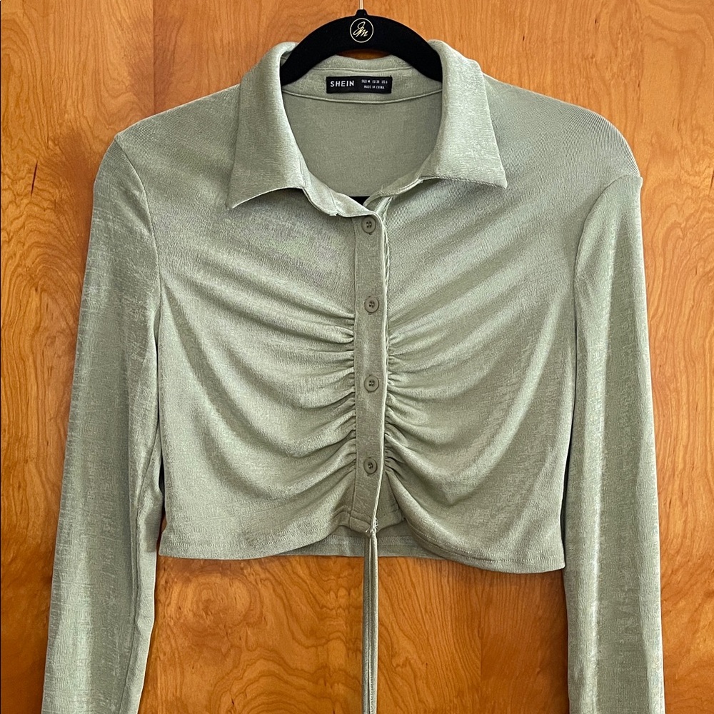 SHEIN Sage Green Ruched Button Down Shirt